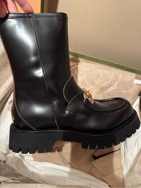 Gucci Black Leather Combat Moto Boots with Gold Horsebit